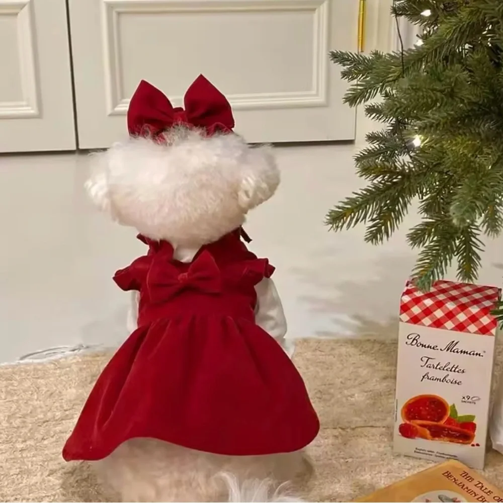 Red Velvet puppy dog Dress with Bow Christmas outfits - Picture 2 of 9
